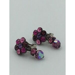 Vintage Purple Rhinestone Flower Cluster Dangle Clip On Earrings MCM Statement
